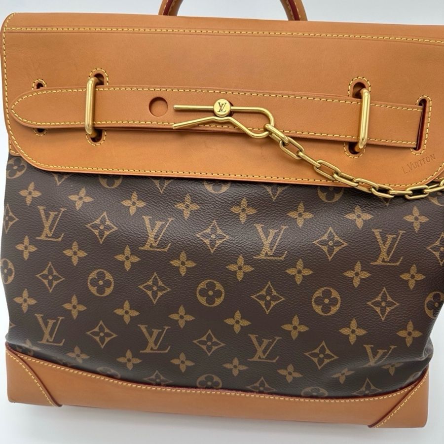 LOUIS VUITTON 路易威登 LV Steamer金色鏈條別針老花 皮革手袋 單肩包手提包斜挎包 棕色-5