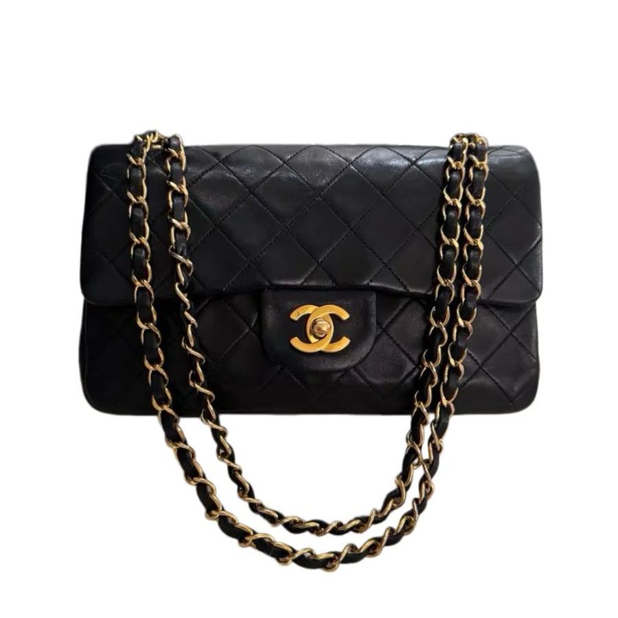 Chanel黑金香奈兒菱格紋雙C扣鏈條包-9