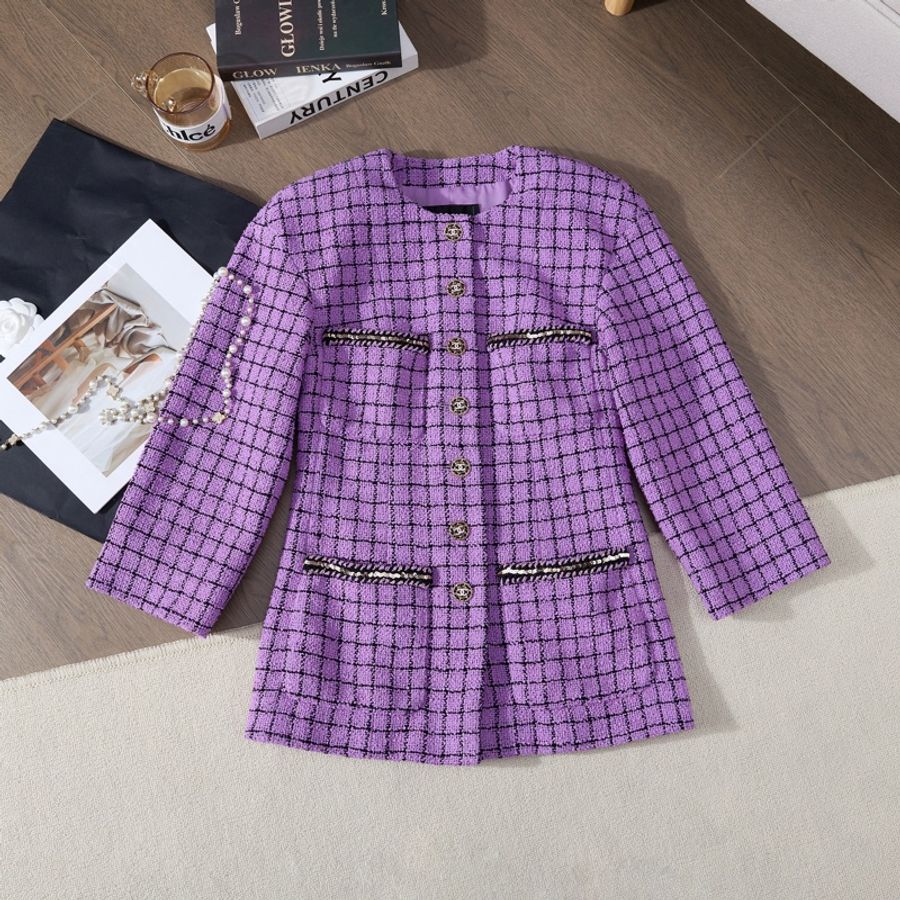 CHANEL 2022紫格紋圓領tweed外套-0