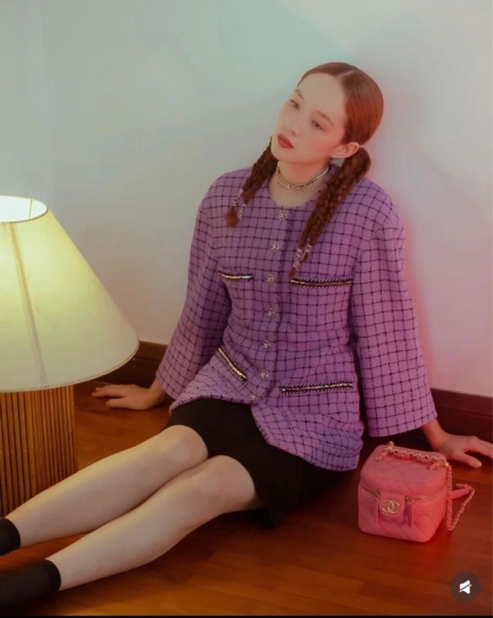 CHANEL 2022紫格紋圓領tweed外套-1