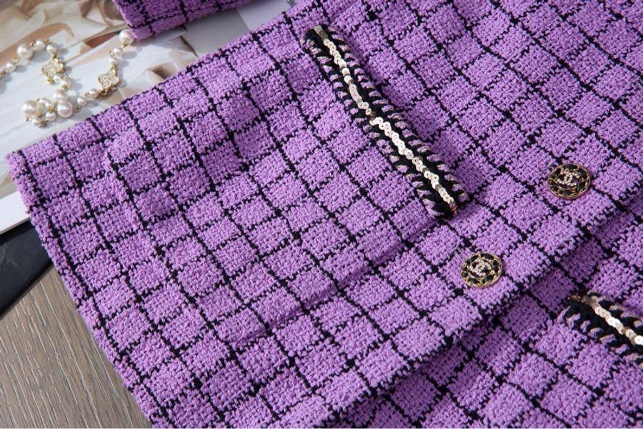 CHANEL 2022紫格紋圓領tweed外套-7