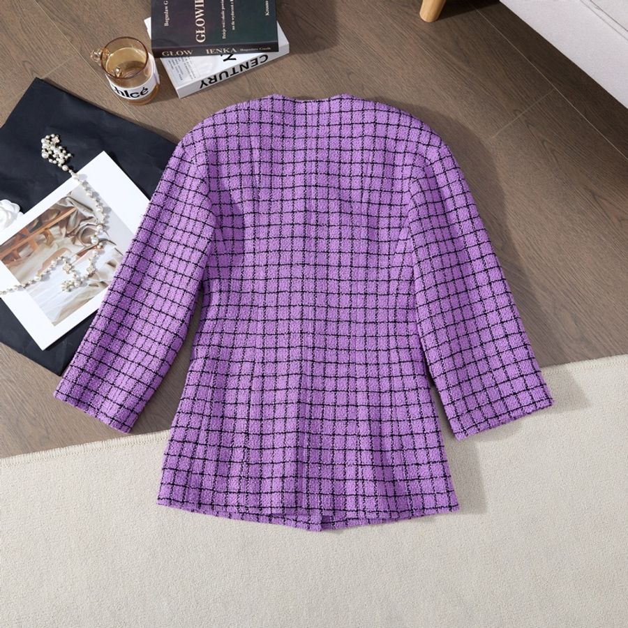 CHANEL 2022紫格紋圓領tweed外套-9