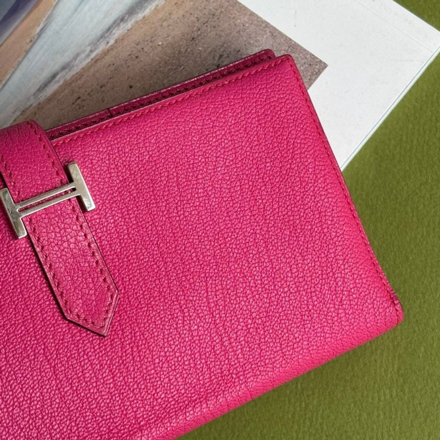 方塊K刻 ::HERMES:: 愛馬仕 Bearn Wallet 桃色皮革H銀釦長夾-4