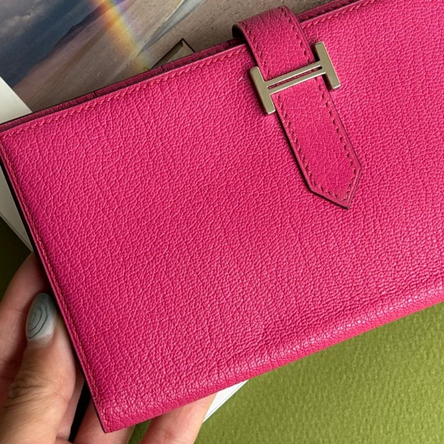 方塊K刻 ::HERMES:: 愛馬仕 Bearn Wallet 桃色皮革H銀釦長夾-6