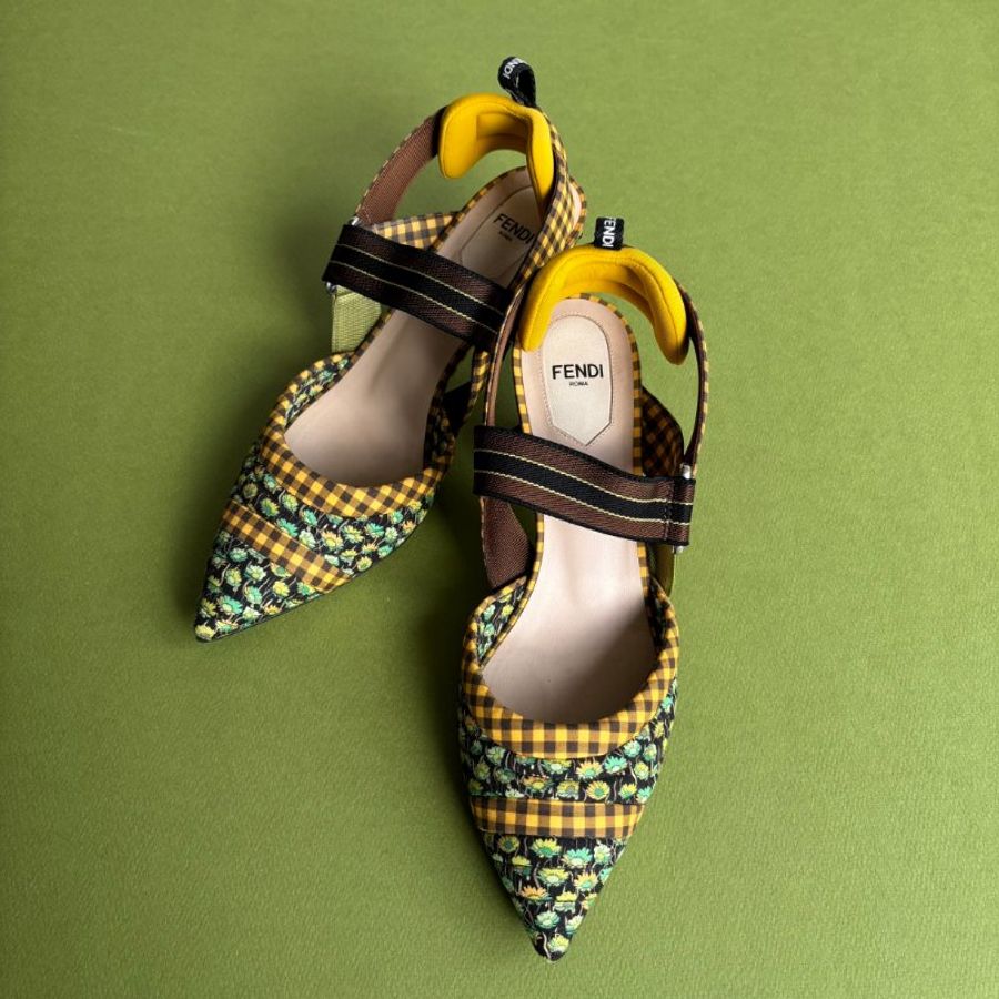 ::Fendi:: 超可愛拼色花朵格紋尖頭跟鞋 38號 Multicolor Fabric Colibri Pointed Toe Slingback Pumps Size 38-2