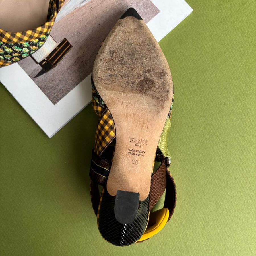 ::Fendi:: 超可愛拼色花朵格紋尖頭跟鞋 38號 Multicolor Fabric Colibri Pointed Toe Slingback Pumps Size 38-18