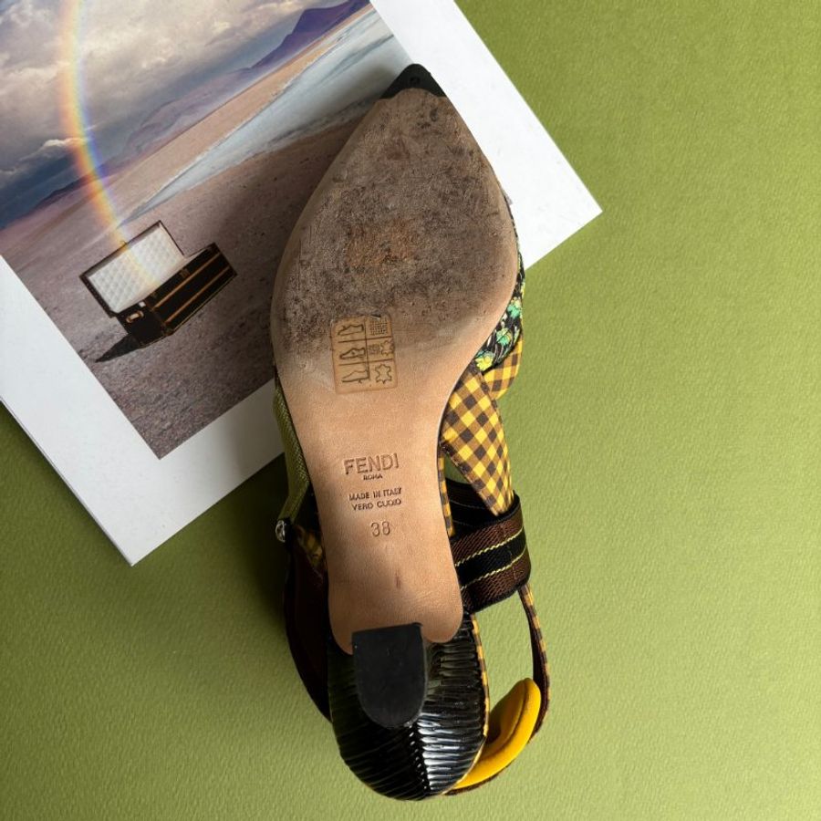::Fendi:: 超可愛拼色花朵格紋尖頭跟鞋 38號 Multicolor Fabric Colibri Pointed Toe Slingback Pumps Size 38-38