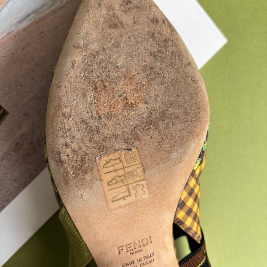 ::Fendi:: 超可愛拼色花朵格紋尖頭跟鞋 38號 Multicolor Fabric Colibri Pointed Toe Slingback Pumps Size 38-40