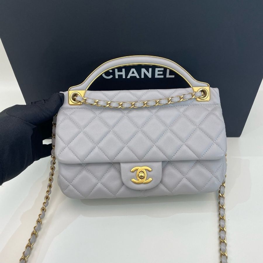 Chanel香奈兒衣架包,淺灰色金扣,晶片款-0