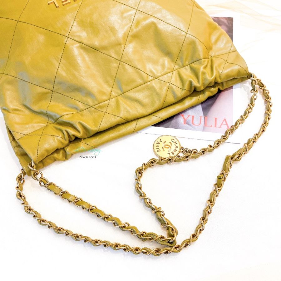CHANEL 香奈兒 AS3260 22Bag 小號 晶片版 橄欖綠 x 金釦 垃圾袋 側背包 肩背包(限時全網最低價)-10