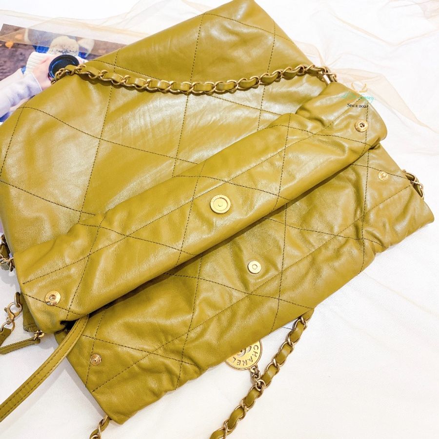 CHANEL 香奈兒 AS3260 22Bag 小號 晶片版 橄欖綠 x 金釦 垃圾袋 側背包 肩背包(限時全網最低價)-15