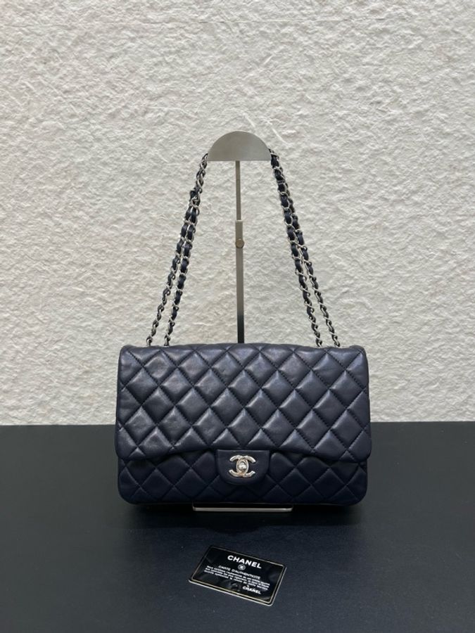 Chanel香奈兒CF系列 海軍藍菱格紋羊皮三層風琴包98新-0