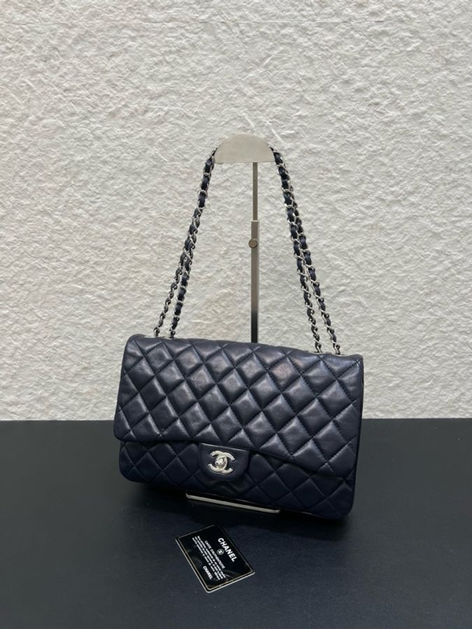 Chanel香奈兒CF系列 海軍藍菱格紋羊皮三層風琴包98新-7
