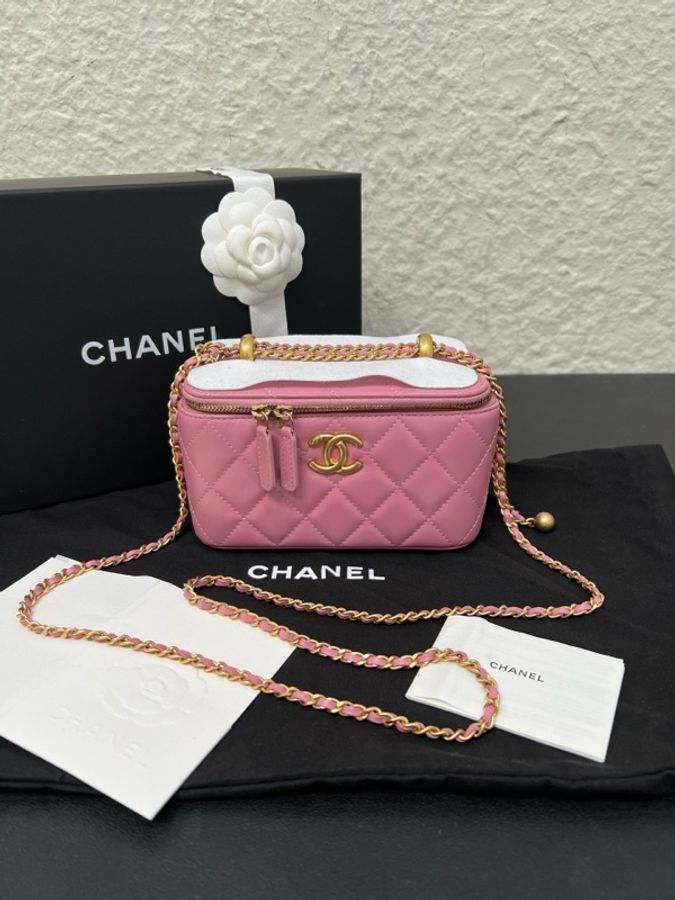 Chanel香奈兒24C 粉色牛皮雙金珠長盒子鏈條包 99新-0