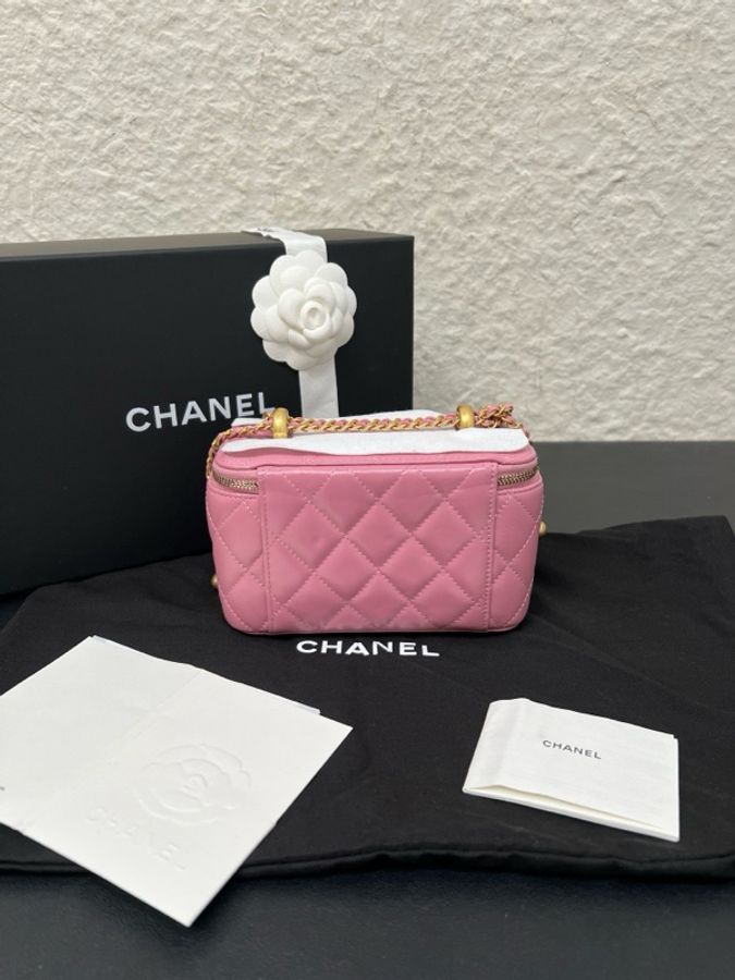 Chanel香奈兒24C 粉色牛皮雙金珠長盒子鏈條包 99新-1