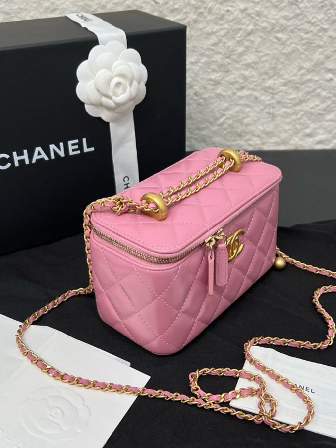 Chanel香奈兒24C 粉色牛皮雙金珠長盒子鏈條包 99新-2