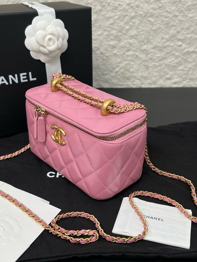 Chanel香奈兒24C 粉色牛皮雙金珠長盒子鏈條包 99新-3