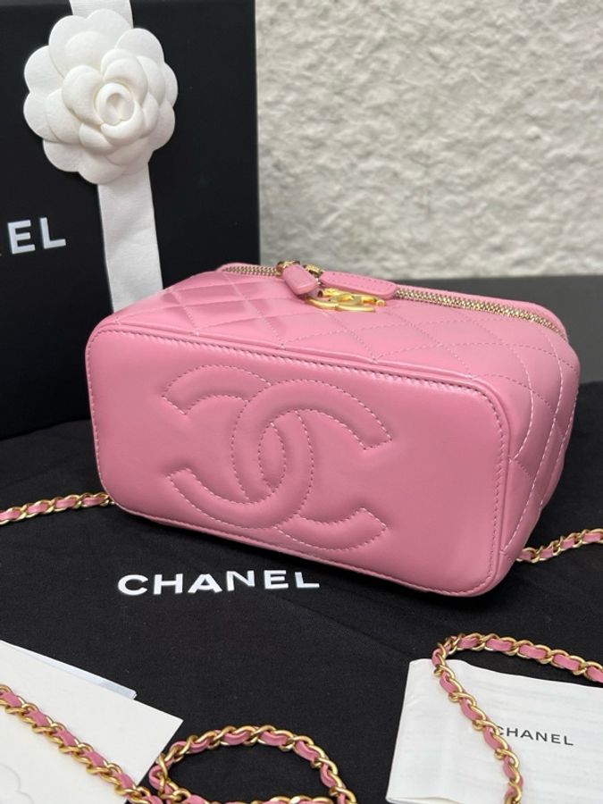Chanel香奈兒24C 粉色牛皮雙金珠長盒子鏈條包 99新-4