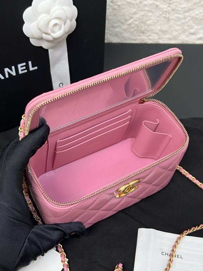 Chanel香奈兒24C 粉色牛皮雙金珠長盒子鏈條包 99新-6