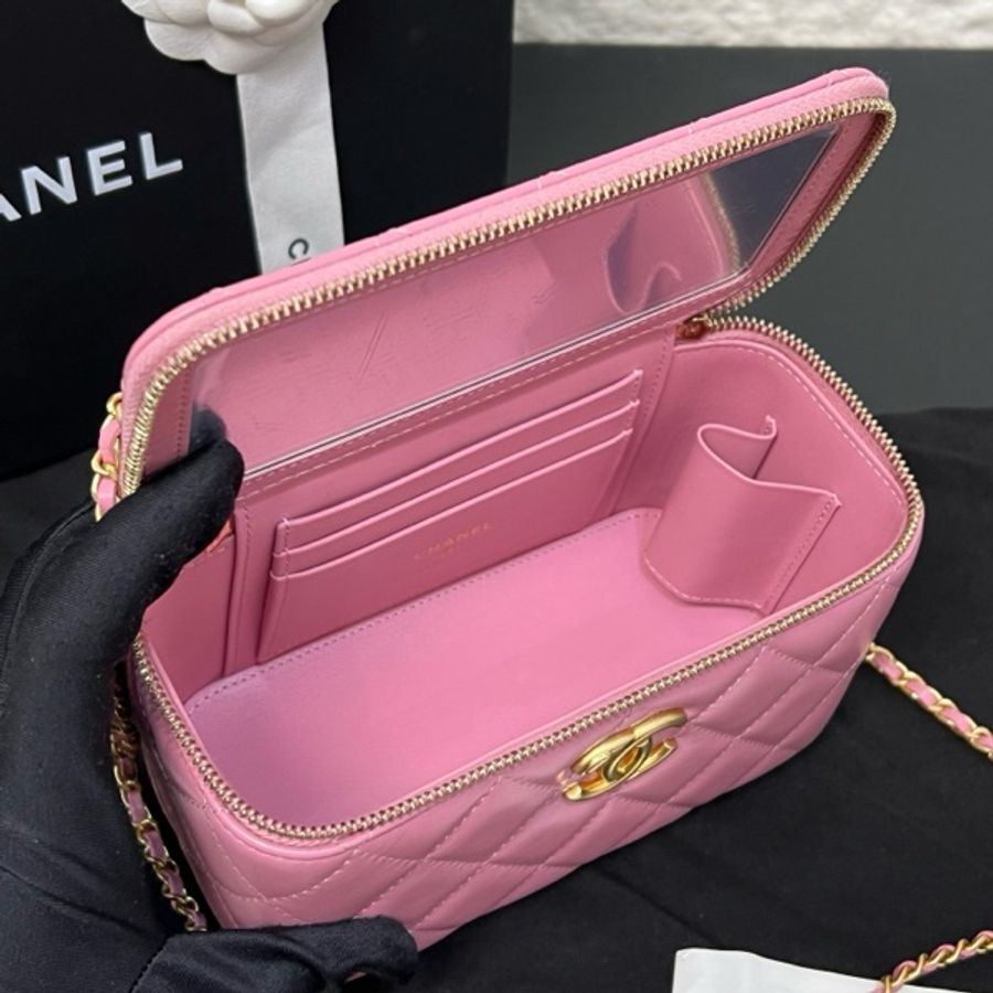 Chanel香奈兒24C 粉色牛皮雙金珠長盒子鏈條包 99新-9