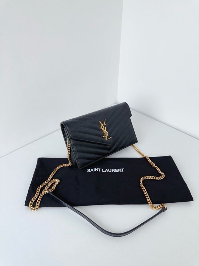 ✨YSL|黑色金扣荔枝皮 V紋信封包woc|99新 新款肩帶可拆卸-3
