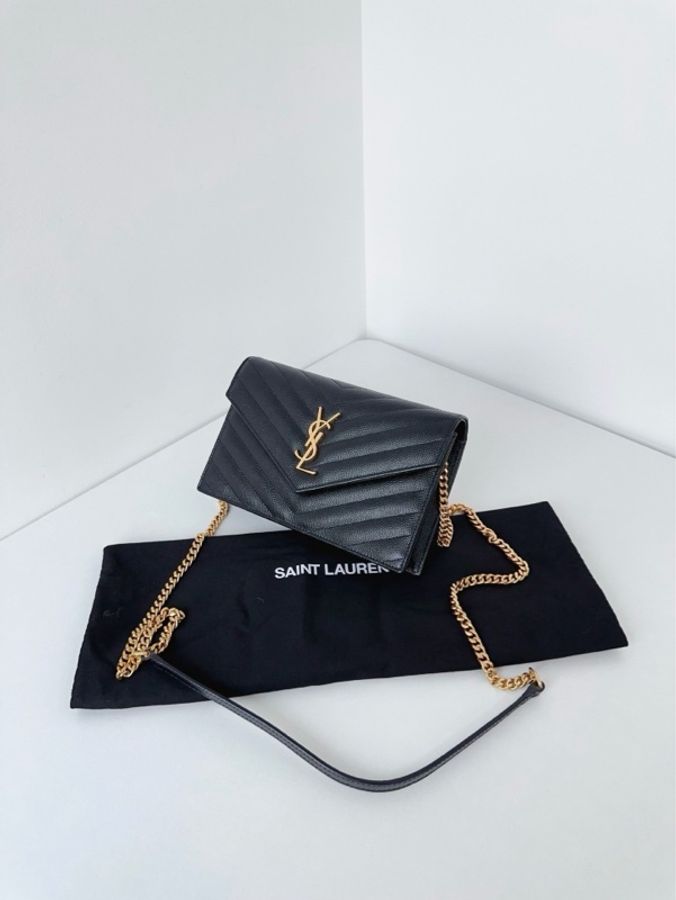 ✨YSL|黑色金扣荔枝皮 V紋信封包woc|99新 新款肩帶可拆卸-4