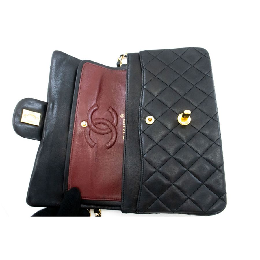 【日本直送】香奈兒經典雙蓋9吋鏈條單肩背包,黑色羊皮-10