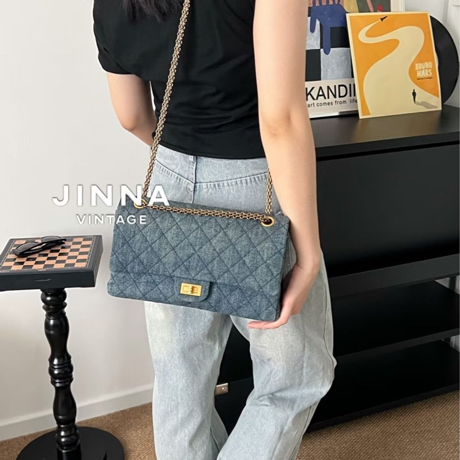 Chanel • 經典2.55丹寧牛仔金釦翻蓋鏈條包 🈶卡-3