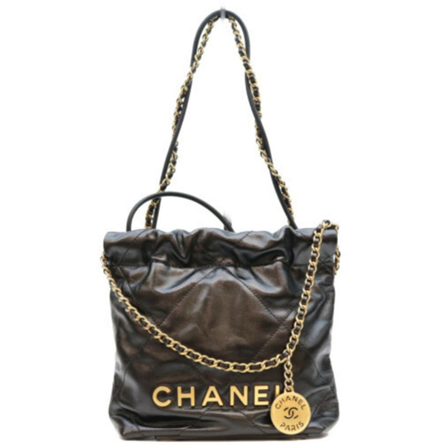 香奈兒 AS3980 黑色 Chanel 22 迷你亮面小牛皮鏈單肩包 金色五金配件 女士-0