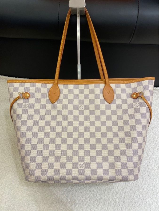 Louis Vuitton 路易威登 白棋盤格Neverfull中號手提單肩子母購物袋 尺寸:31*28*14 配件子袋 單包-0