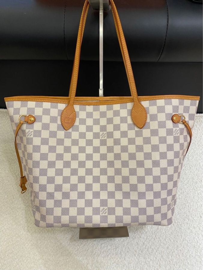 Louis Vuitton 路易威登 白棋盤格Neverfull中號手提單肩子母購物袋 尺寸:31*28*14 配件子袋 單包-1