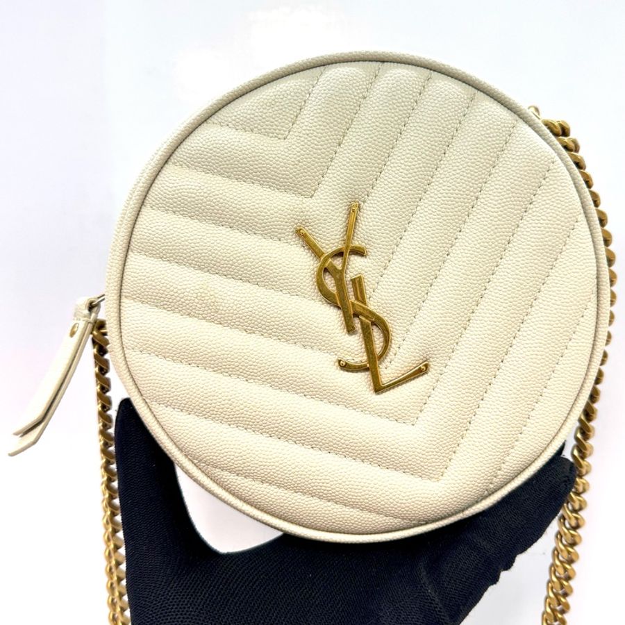 Saint Laurent YSL 經典白色 V 紋斜背圓餅包 610436-0