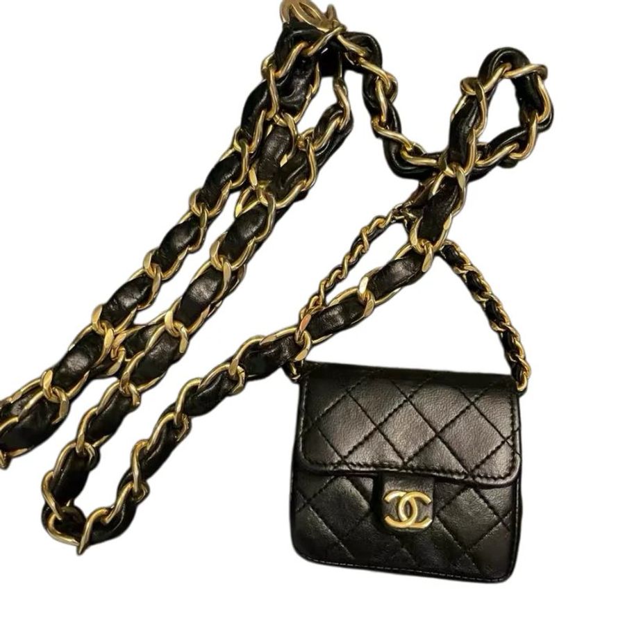 Chanel香奈兒黑金菱格紋雙c logo鏈條腰包掛包腰鏈-0