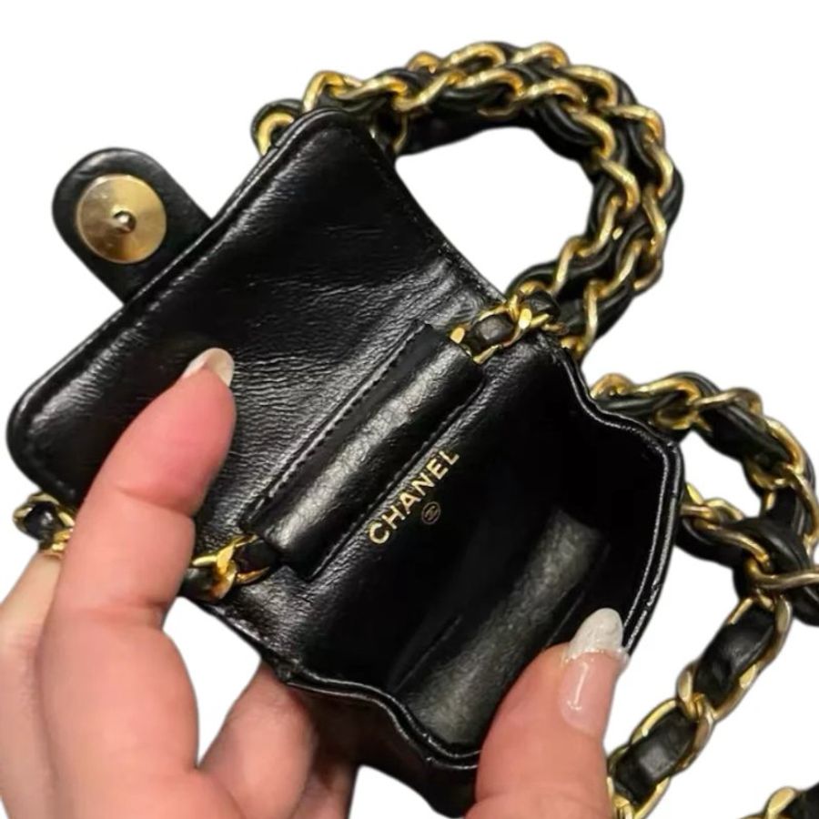 Chanel香奈兒黑金菱格紋雙c logo鏈條腰包掛包腰鏈-6