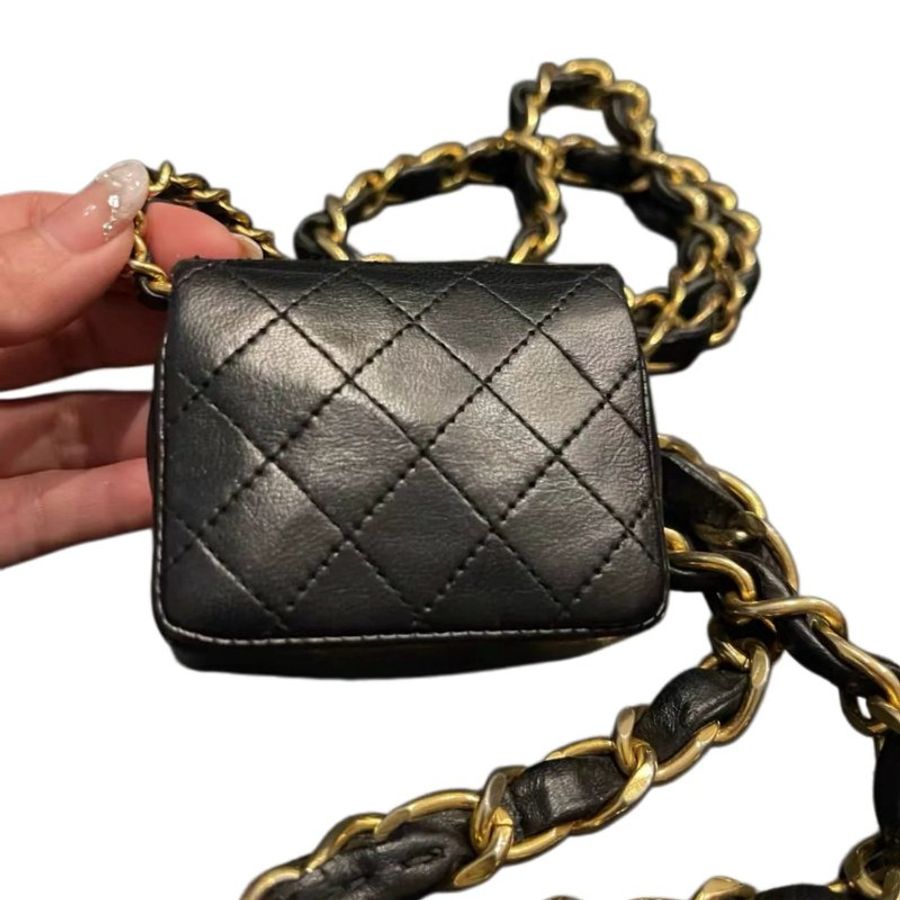 Chanel香奈兒黑金菱格紋雙c logo鏈條腰包掛包腰鏈-10