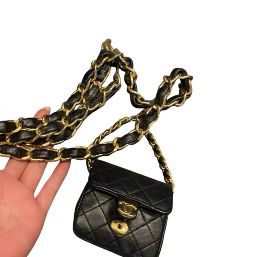 Chanel香奈兒黑金菱格紋雙c logo鏈條腰包掛包腰鏈-23