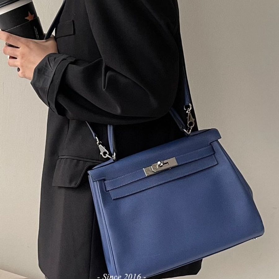 HERMES Kelly 28 - Bleu Brighton/Capucine 明藍/火焰橙銀 C-1