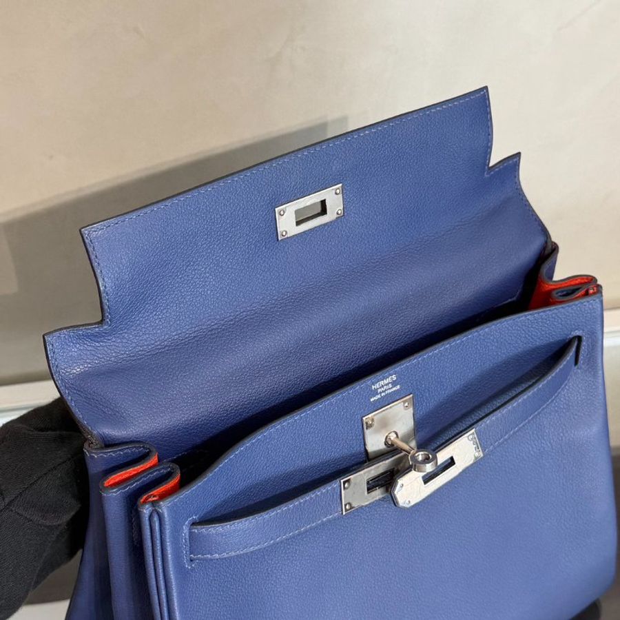 HERMES Kelly 28 - Bleu Brighton/Capucine 明藍/火焰橙銀 C-13