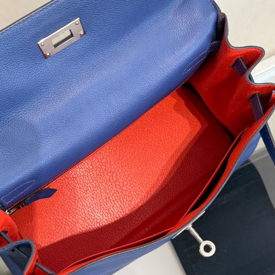 HERMES Kelly 28 - Bleu Brighton/Capucine 明藍/火焰橙銀 C-16