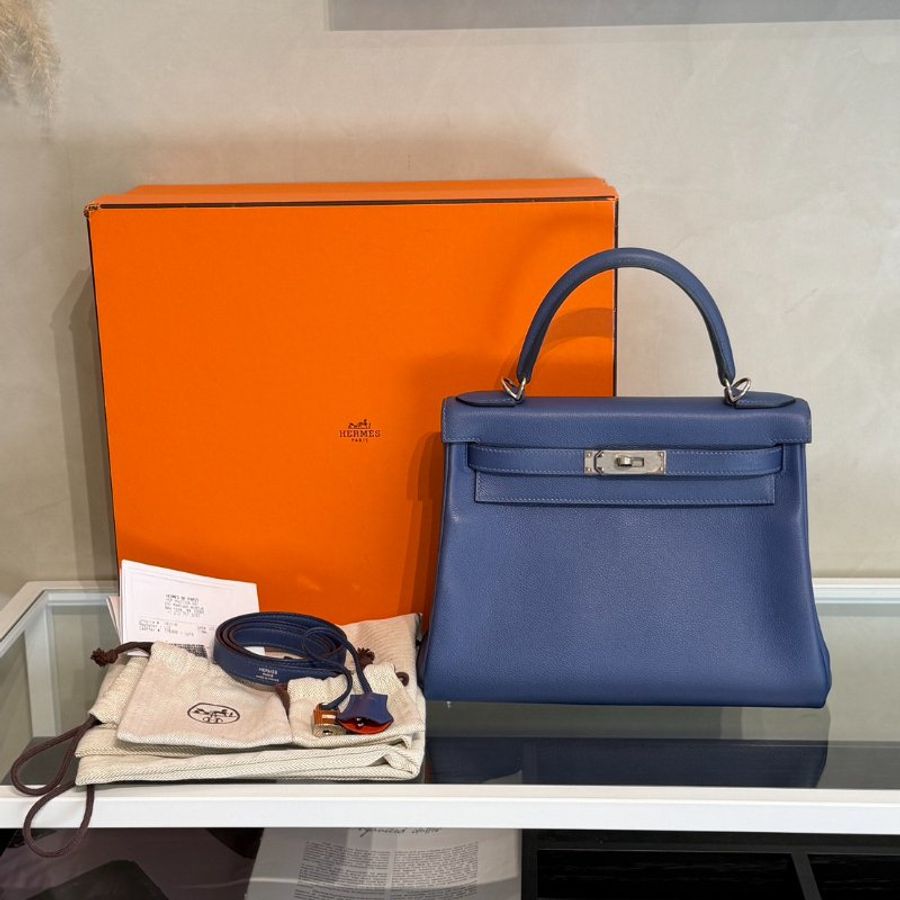 HERMES Kelly 28 - Bleu Brighton/Capucine 明藍/火焰橙銀 C-21