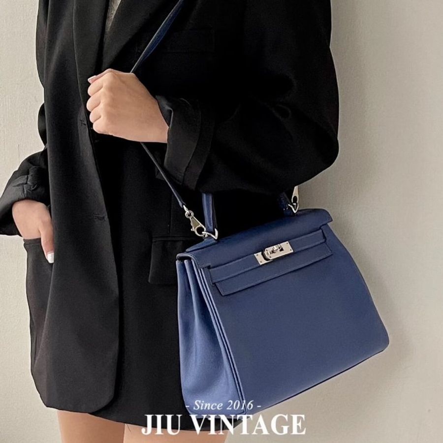 HERMES Kelly 28 - Bleu Brighton/Capucine 明藍/火焰橙銀 C-23