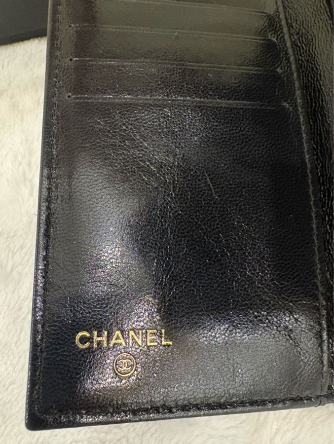 CHANEL 經典黑色小羊皮菱格三折短夾 金CC-16