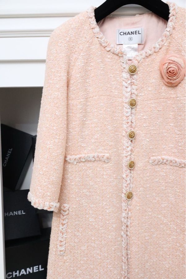 Chanel 07年粉色粗花呢山茶花七分袖四口袋外套-8