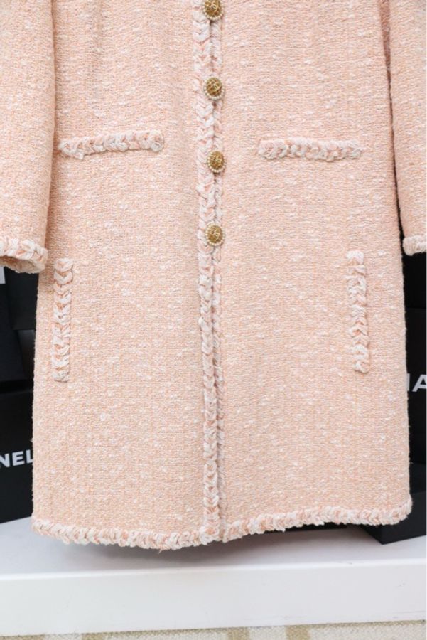 Chanel 07年粉色粗花呢山茶花七分袖四口袋外套-16