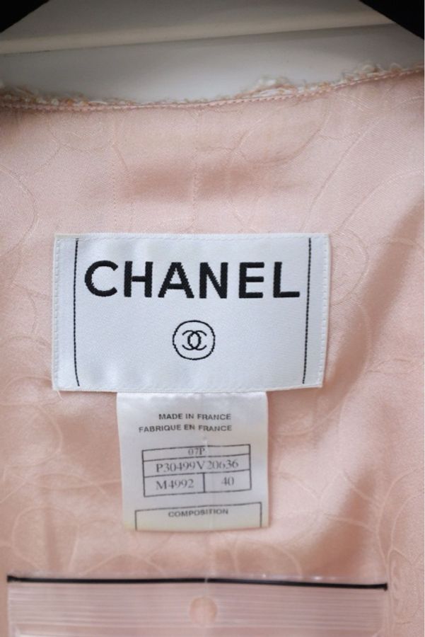 Chanel 07年粉色粗花呢山茶花七分袖四口袋外套-19