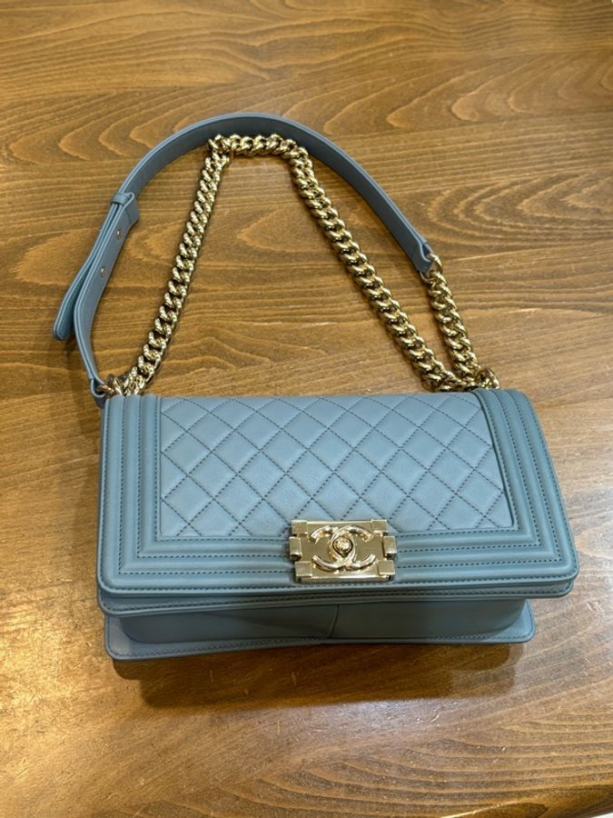 香奈兒chanel Le Boy 25 藍灰色 淡金鍊-1