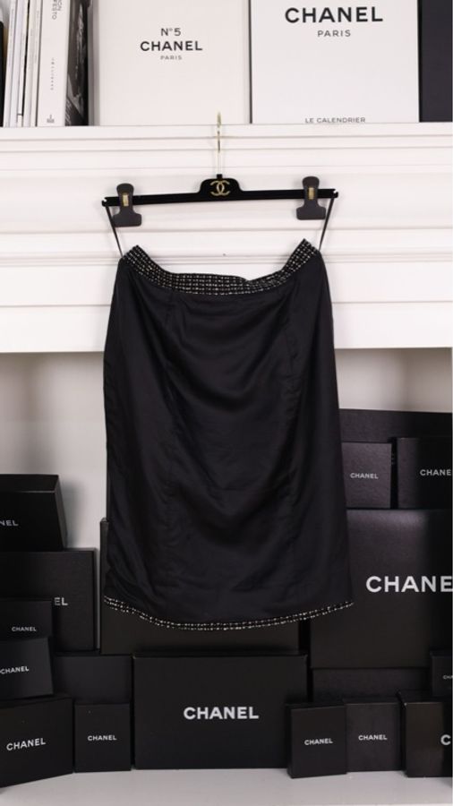 Chanel 96年蓝色粗花呢白色滚边外套半裙套装-5