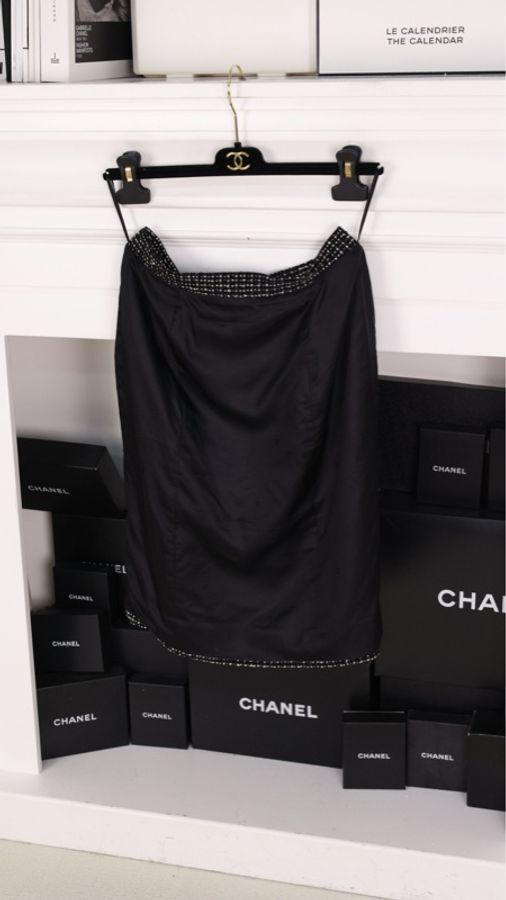Chanel 96年蓝色粗花呢白色滚边外套半裙套装-6