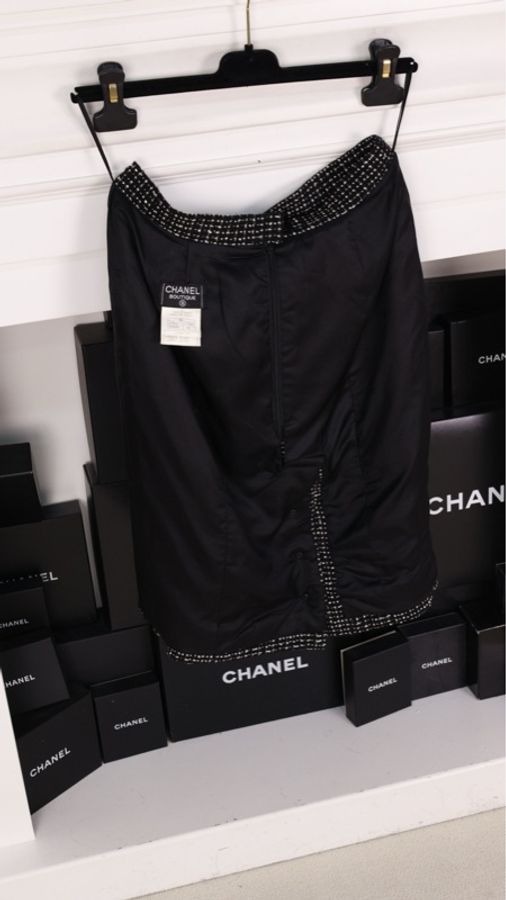 Chanel 96年蓝色粗花呢白色滚边外套半裙套装-11