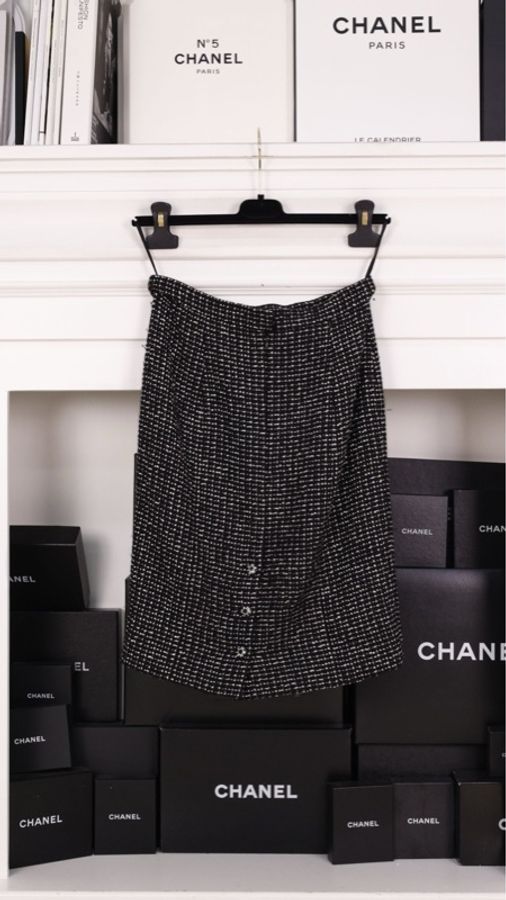 Chanel 96年蓝色粗花呢白色滚边外套半裙套装-18